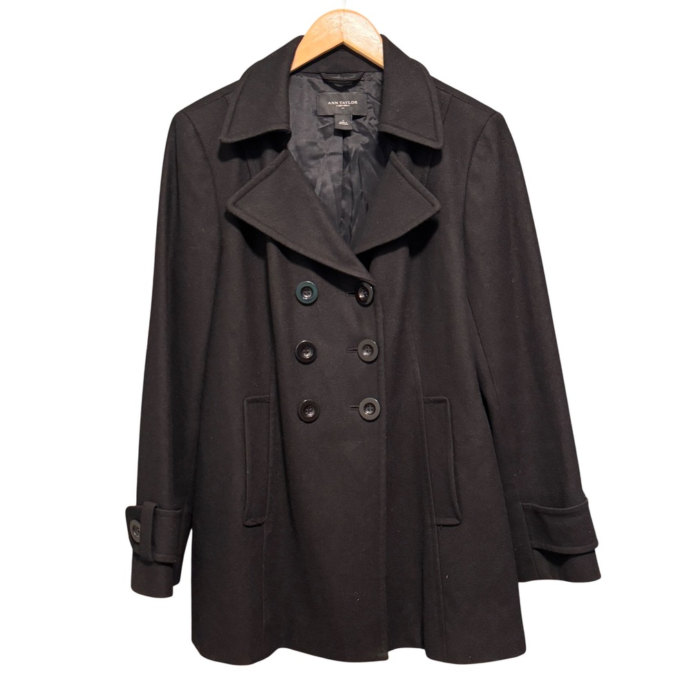Ann Taylor Black Double Breasted Wool Blend Winter Peacoat Jacket‎ Size Large